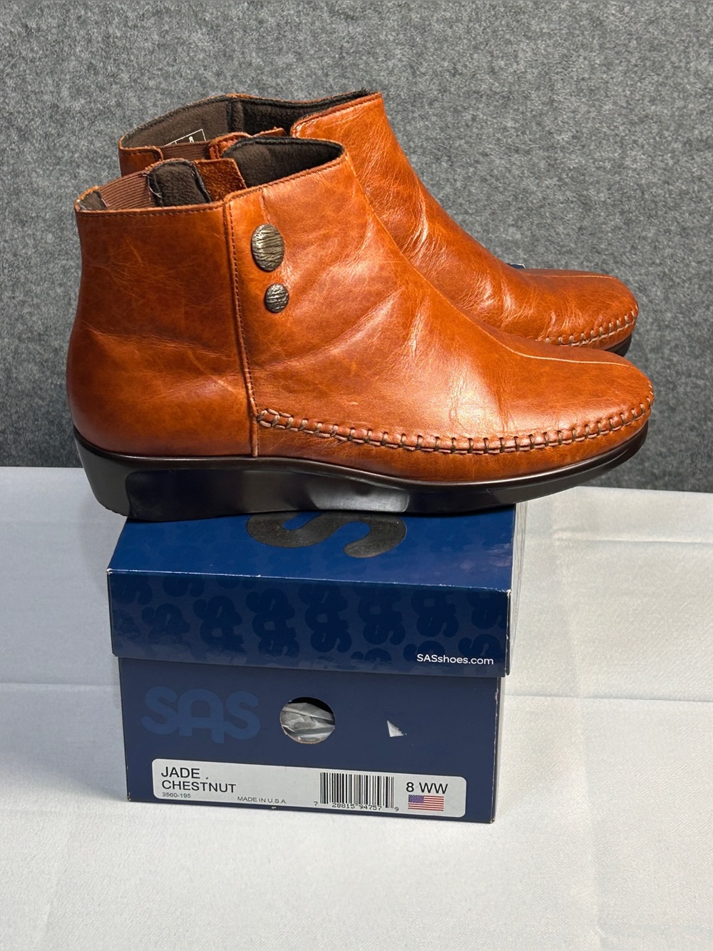 SAS Jade SZ 8WW Chestnut Leather Women's Ankle Boots Cushioned Moccasin Style